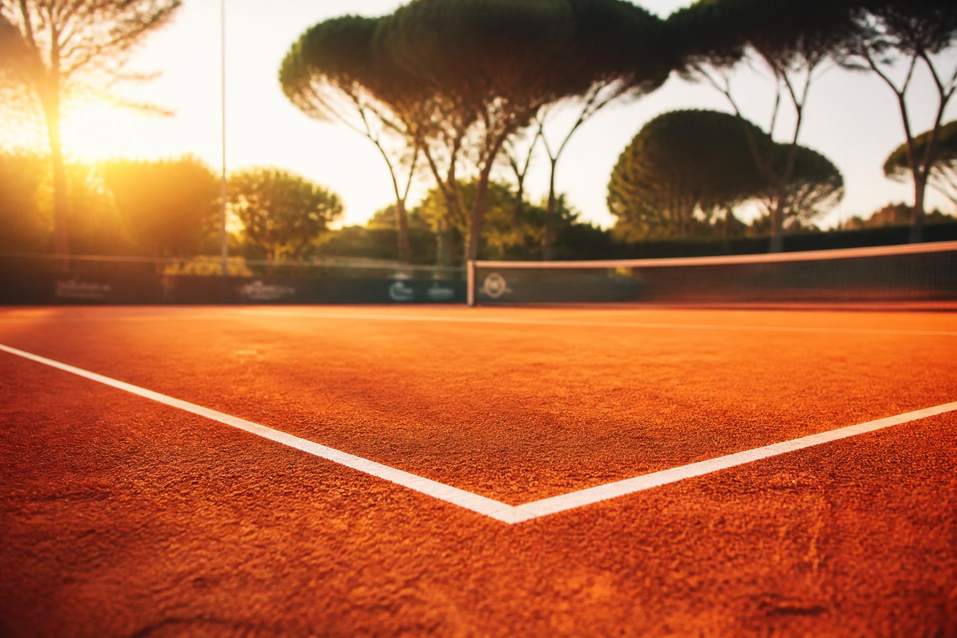 Campo da tennis in terra rossa al tramonto